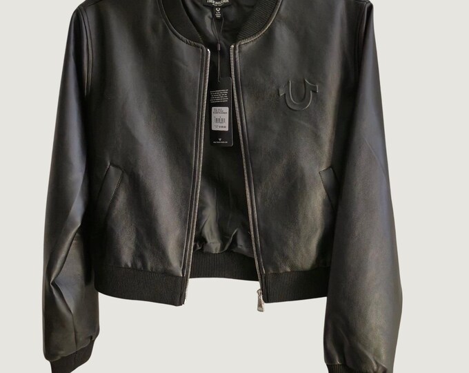 NWT True Religion Women Cropped PU Leather Bomber Jacket Black Size L Moto Edgy