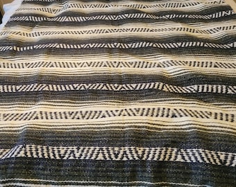 Vintage Afghan Blanket Large Black White Green Retro Fringe Handmade Goth Boho
