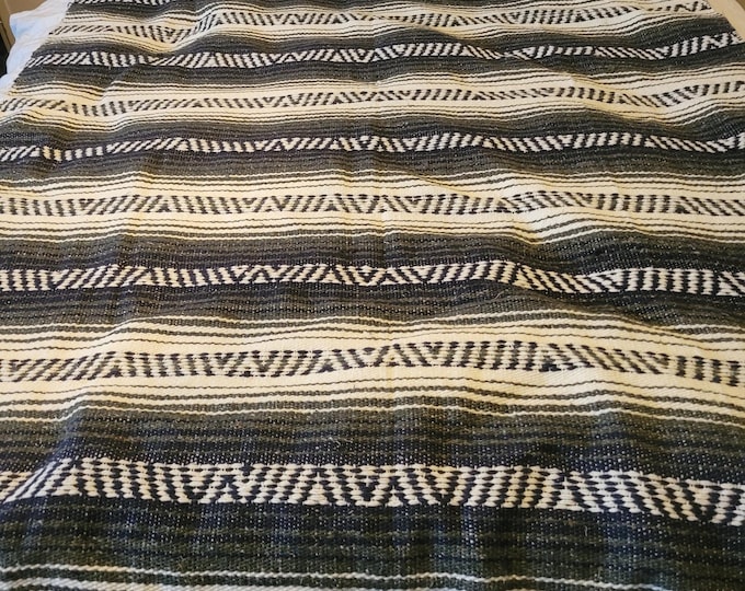 Vintage Afghan Blanket Large Black White Green Retro Fringe Handmade Goth Boho