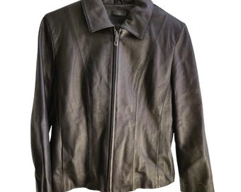 Vintage Wilsons Leather Jacket Zip Up Black M Leopard Print Lining Y2K McBling