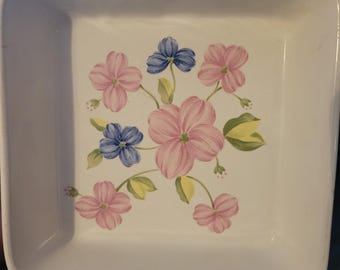 Vintage 70s Oven Baking Dish Made in Japan – 6” Square Pink Blue Floral Ribbed Stoneware