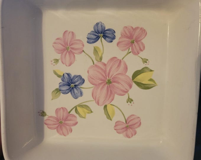 Vintage70s  Oven Baking Dish Pink Blue Flowers Made in Japan 6 in Square