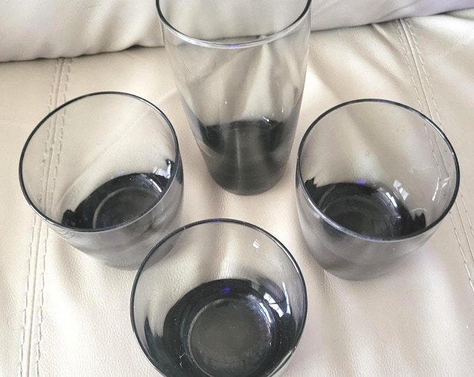 Libbey Glasses Set Smokey Brown Boho from 1970s – 1 Tumbler & 3 Old Fashion Cocktail Glasses