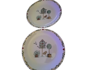 Thomson Pottery Birdhouse Dinner Plates Birds House Red Hearts Blue Jay set of 2