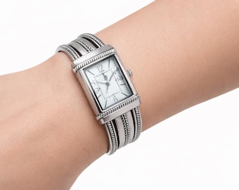 Premier Designs Womens Retro Vintage Silver Cuff Watch Square Case Quartz
