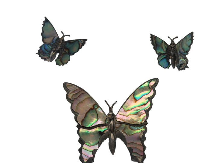 Vintage Mexican Silver Abalone Butterfly Brooch & Earring Set Signed JC 925 Gift