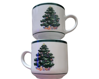 Christmas Tree Cups Mugs by Totally Today – White with Green Trim – Set of Two
