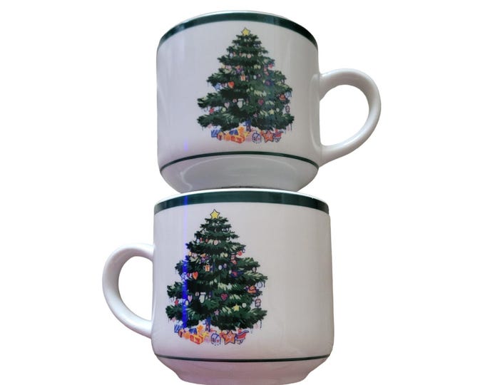 Christmas Tree Cups Mugs by Totally Today – White with Green Trim – Set of Two
