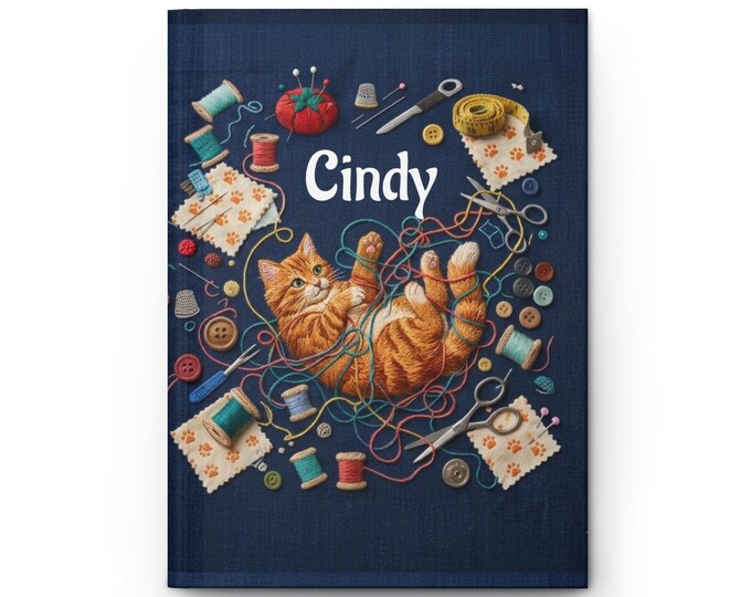 Personalized Playful Ginger Cat with Sewing Supplies Hardcover Journal