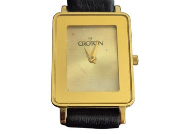 Croton Tank Women Watch Gold Tone Elegant Leather Band 24mm New Battery Classic Style