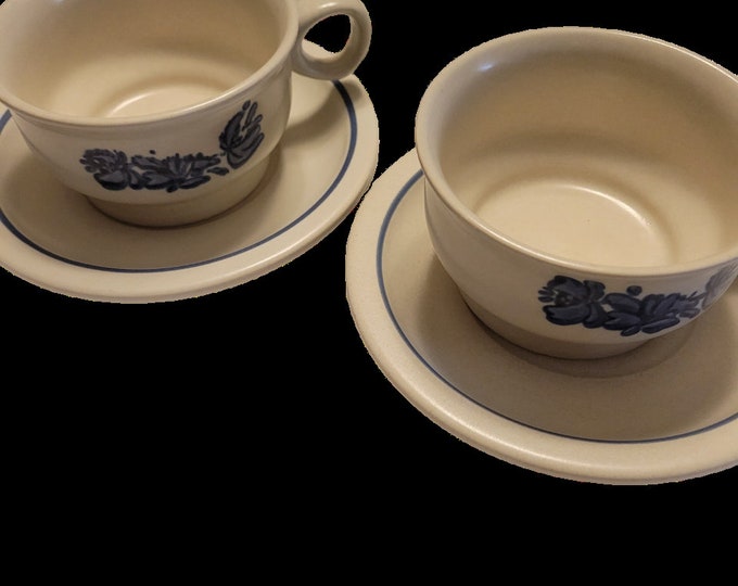 Pfaltzgraff Cup and Saucer Off White and Royal Blue Vintage Set of 2