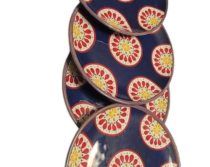Set of 8 Retro Boho Melamine Salad Plates 8.75 Red Medallion Kid-Proof Outdoor