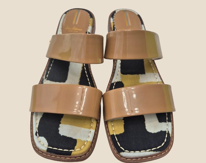 Sam Edelman Haydee Slide Sandals Womens 9.5 Tan Patent Leather Geometric Summer Chic Box