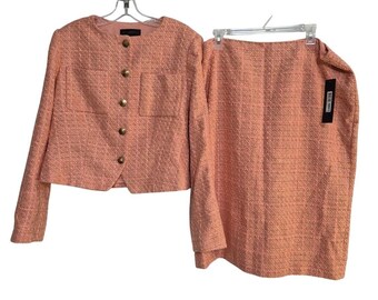 Donna Karan Suit Womens 16 Pink Tweed Jacket Pencil Skirt Professional NWT Retro
