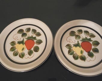 Vintage MCM 70s Strawberry Stoneware Dinner Plates Sears Japan HandPainted Set 2