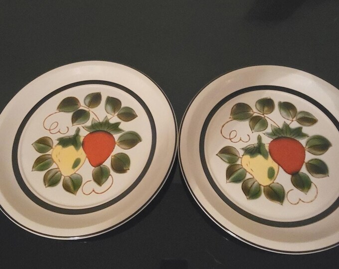 Vintage MCM 70s Strawberry Stoneware Dinner Plates Sears Japan HandPainted Set 2