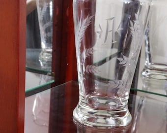 Hand Blown Clear Vase Etched Wheat Pattern Initial A Ribbon Rim 9” Vintage