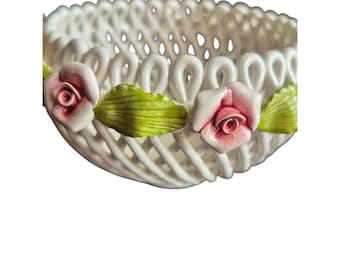 Vintage White Porcelain Lattice Bowl Pink Roses Signed Acer Italy Trinket Candy