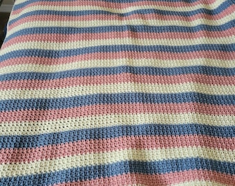 Handmade Large Crocheted Throw Blanket Pink Blue White Nice Quality 54 X 47 in