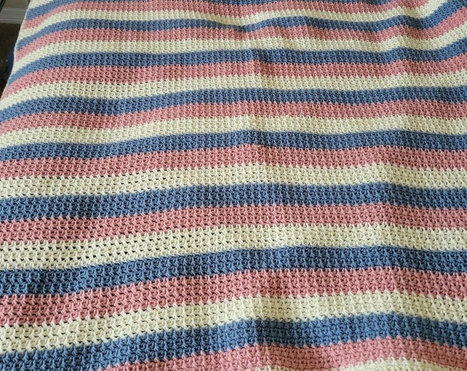 Handmade Large Crocheted Throw Blanket Pink Blue White Nice Quality 54 X 47 in
