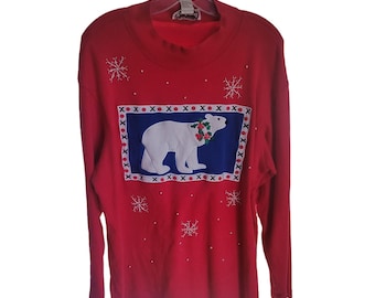 Bechamel Womens Christmas Shirt Size Large Red Polar Bear Snowflake Cotton Retro