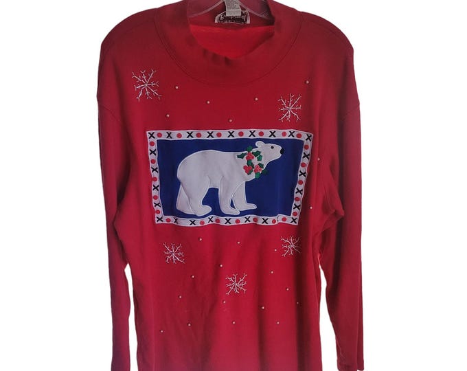 Bechamel Womens Christmas Shirt Size Large Red Polar Bear Snowflake Cotton Retro