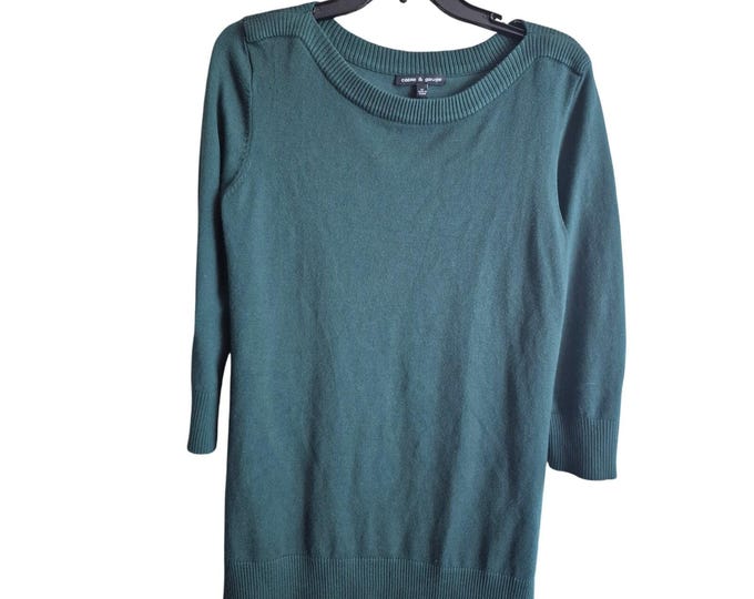 Cable & Gauge Women Medium Dark Green Sweater Soft  3/4 Sleeve Preppy Classic