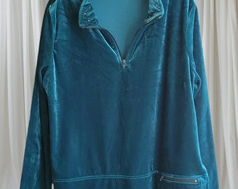 Women Clothing Jacket Erin London Pullover Dark Green Velvet Finish 1980s Shoulder Pads