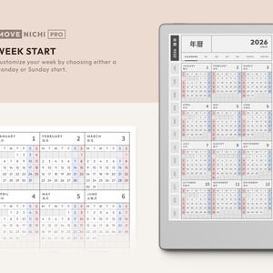 May include: A digital planner interface labeled MOVE NICHI PRO displaying a 2026 calendar with a week start customization option. The screen shows a grid of months from January to December with a stylus pen attached to the side of the device.