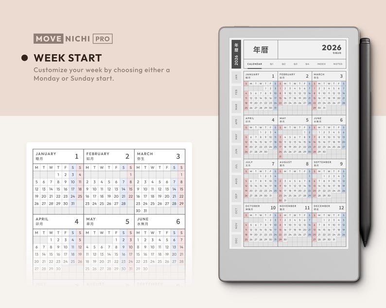 May include: A digital planner interface labeled MOVE NICHI PRO displaying a 2026 calendar with a week start customization option. The screen shows a grid of months from January to December with a stylus pen attached to the side of the device.