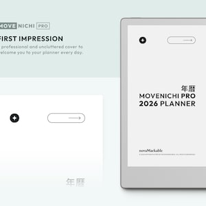 May include: A digital tablet displaying the Movenichi Pro 2026 Planner with a black stylus attached to the side. The screen shows text including "MOVE NICHI PRO", "FIRST IMPRESSION", and "2026 PLANNER" alongside a star icon and an arrow button.