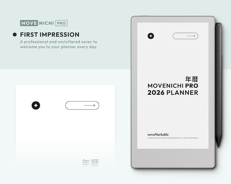 May include: A digital tablet displaying the Movenichi Pro 2026 Planner with a black stylus attached to the side. The screen shows text including "MOVE NICHI PRO", "FIRST IMPRESSION", and "2026 PLANNER" alongside a star icon and an arrow button.