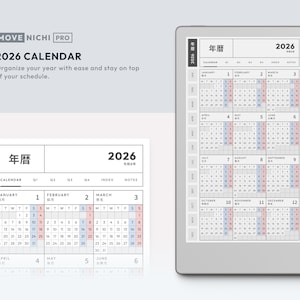 May include: A digital tablet displaying a 2026 calendar with a black stylus attached to the side. The screen shows a grid layout with months from January to December, featuring text in English and Japanese, including the year 2026 and the label MOVE NICHI PRO.