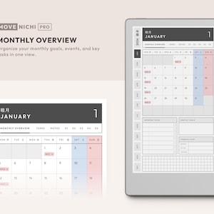 May include: A digital tablet displaying a Move Nichi Pro monthly calendar for January 2026, featuring a grid layout with sections for tasks, notes, and goals, accompanied by a black stylus attached to the side of the device screen.