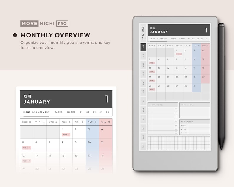 May include: A digital tablet displaying a Move Nichi Pro monthly calendar for January 2026, featuring a grid layout with sections for tasks, notes, and goals, accompanied by a black stylus attached to the side of the device screen.