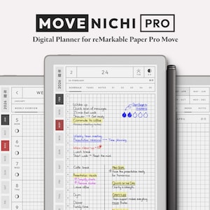 Peut inclure: Un planificateur numérique pour reMarkable Paper Pro Move. L'image montre trois tablettes avec une mise en page en grille, un stylet et le texte "MOVE NICHI PRO". Le planificateur affiche un emploi du temps avec des notes manuscrites et un aperçu hebdomadaire.