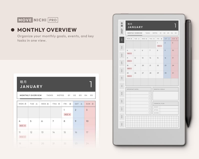 May include: A digital planner interface on a tablet with a stylus, displaying a January monthly calendar, task lists, and financial planning sections. The layout features a dark header with the text MOVE NICHI PRO and MONTHLY OVERVIEW.