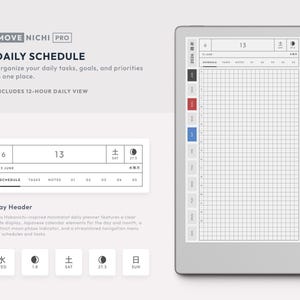 May include: A digital planner titled MOVE NICHI PRO featuring a daily schedule layout with a grid, date display, moon phase indicator, and navigation menu. The interface includes text labels for schedule, tasks, and notes, accompanied by a stylus pen.
