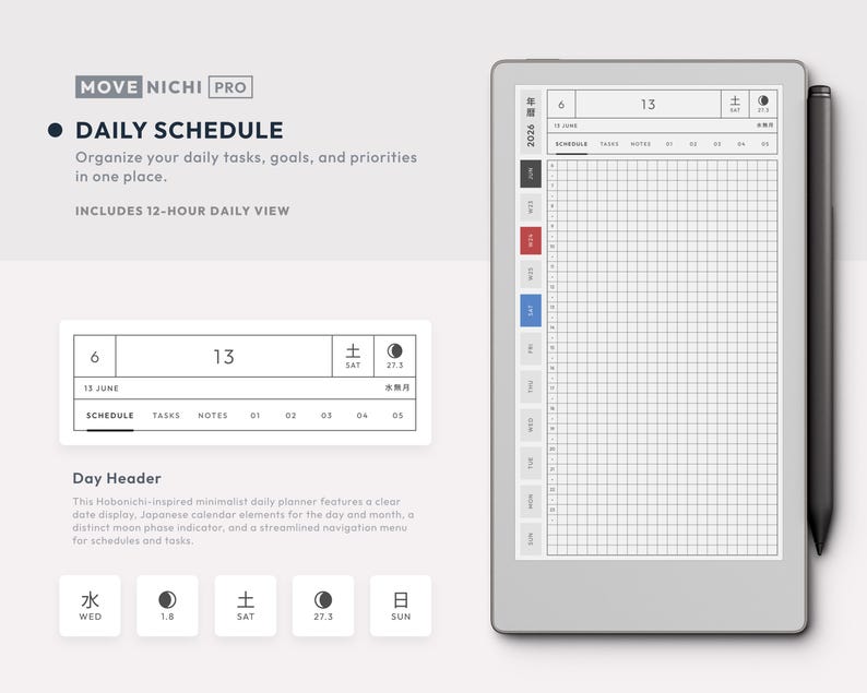 May include: A digital planner titled MOVE NICHI PRO featuring a daily schedule layout with a grid, date display, moon phase indicator, and navigation menu. The interface includes text labels for schedule, tasks, and notes, accompanied by a stylus pen.