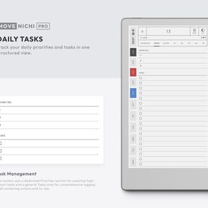 May include: A digital tablet displaying a daily task planner interface with the text MOVE NICHI PRO, DAILY TASKS, and Task Management. The screen shows a list of priorities and checkboxes for tasks, accompanied by a black stylus pen on the right side.