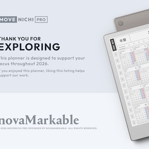 May include: A digital planner titled MOVE NICHI PRO featuring a 2026 calendar display on a tablet screen. The text reads THANK YOU FOR EXPLORING, This planner is designed to support your focus throughout 2026, and novaMarkable at the bottom.