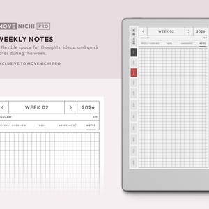 May include: A digital planner interface labeled MOVE NICHI PRO and WEEKLY NOTES, featuring a grid layout for 2026. The screen displays a weekly calendar view for January, week 02, with navigation tabs and a black stylus attached to the side of the device.