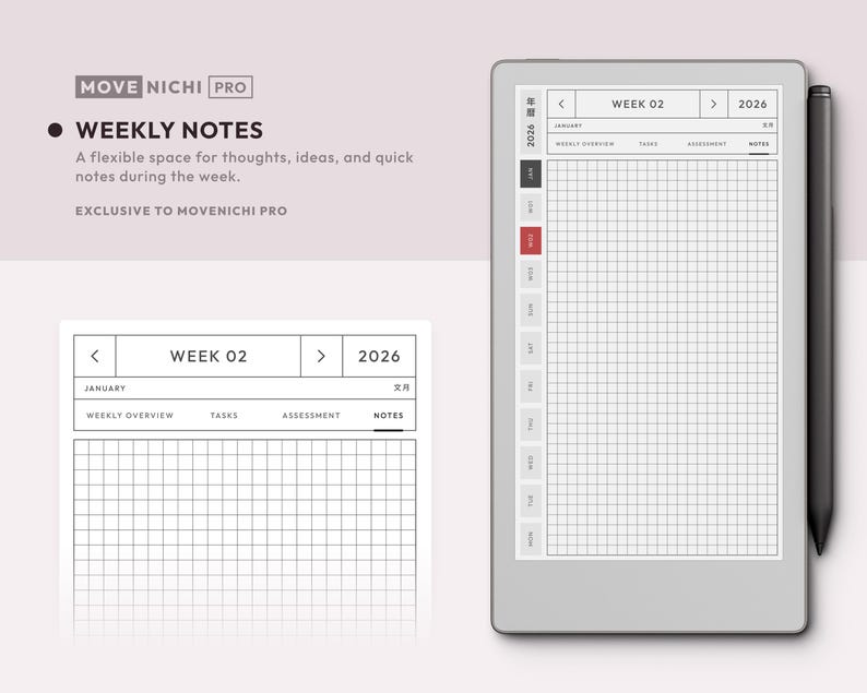 May include: A digital planner interface labeled MOVE NICHI PRO and WEEKLY NOTES, featuring a grid layout for 2026. The screen displays a weekly calendar view for January, week 02, with navigation tabs and a black stylus attached to the side of the device.