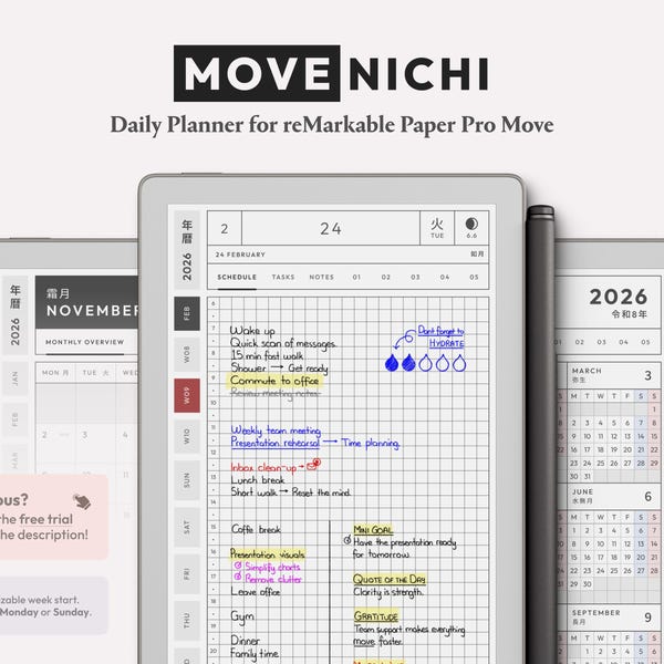 Daily Planner for reMarkable Paper Pro Move — Movenichi 2026 | Hyperlinked Minimalist reMarkable Planner Template, Hobonichi Style