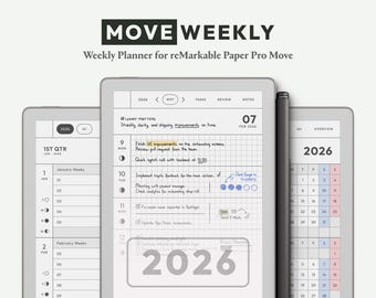 May include: A digital weekly planner for reMarkable Paper Pro Move titled MOVE WEEKLY. The interface displays a 2026 calendar, task lists, and notes with handwritten entries. A black stylus is attached to the side of the tablet screen.