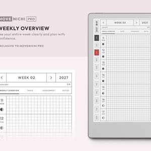May include: A digital planner interface titled MOVE NICHI PRO displaying a weekly overview for January 2027. The screen shows a grid layout for days 11 through 17 with moon phase icons, navigation arrows, and a black stylus attached to the side.