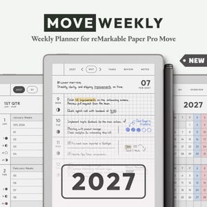 Può includere: Un pianificatore settimanale digitale per reMarkable Paper Pro Move intitolato MOVE WEEKLY. Il display mostra un'interfaccia calendario 2027 con note scritte a mano, elenchi di attività e uno stilo. Il layout include panoramiche trimestrali.