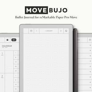 Op de afbeelding: Drie digitale tablets met een puntroosterindeling, kalender en pijlpictogrammen. De tekst "MOVE BUJO" en "Bullet Journal for reMarkable Paper Pro Move" staan bovenaan. Een stylus bevindt zich aan de rechterkant van de middelste tablet.