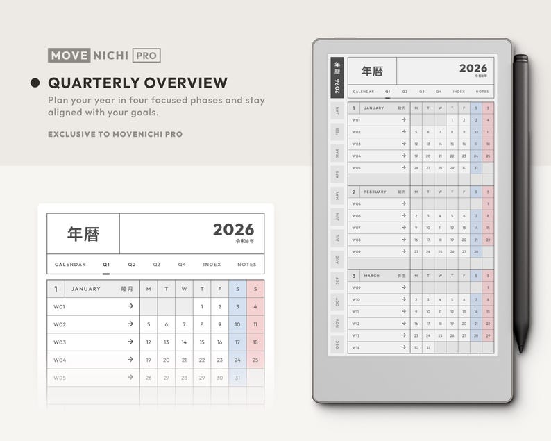 May include: A digital planner interface on a tablet screen displaying a 2026 quarterly calendar overview. The screen shows months, weeks, and dates in a grid layout with text including MOVE NICHI PRO and QUARTERLY OVERVIEW. A black stylus is attached.