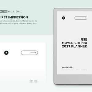 May include: A digital tablet displaying the Movenichi Pro 2027 Planner with a black stylus attached to the side. The screen shows the text Movenichi Pro 2027 Planner, the brand name novaMarkable, and a small icon with an arrow inside a rectangle.